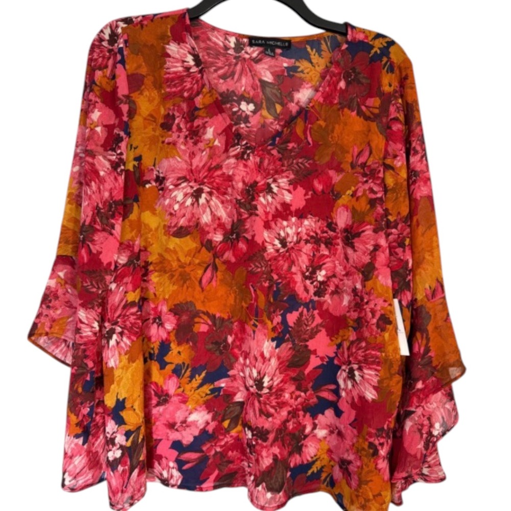 Sara Michelle Womens Pink Orange‎ Floral V-Neck Bell Sleeve Blouse Top Large NEW